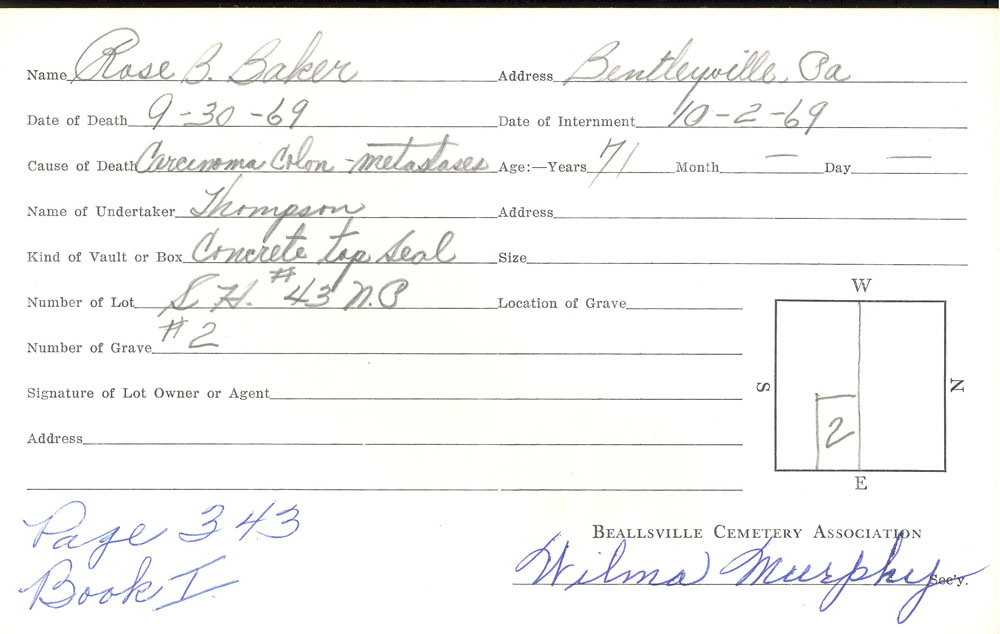 Rose Baker burial card